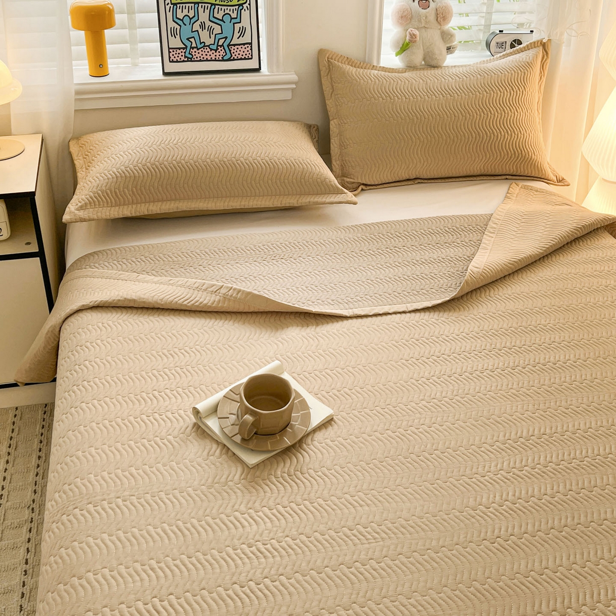 91家纺网 家纺一手货源 找家纺 梦精灵家纺 2026新款纯色全棉床盖单件纯棉绗缝夹棉床单 四季通用榻榻米防滑学生宿舍单人床盖枕套 素境-咖