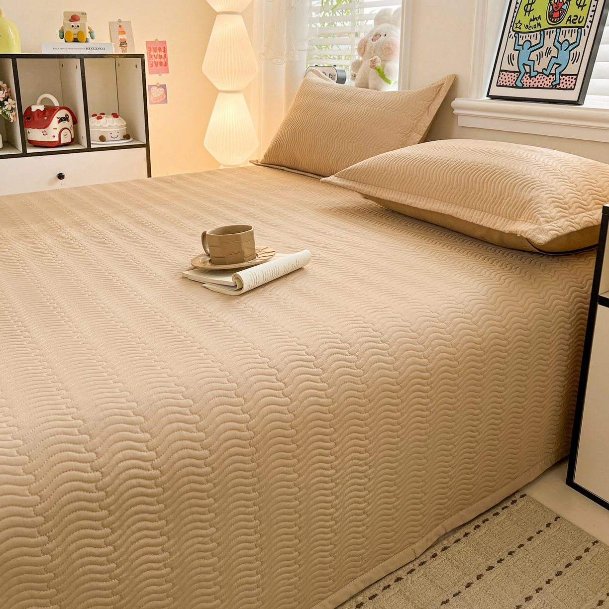 91家纺网 家纺一手货源 找家纺 梦精灵家纺 2026新款纯色全棉床盖单件纯棉绗缝夹棉床单 四季通用榻榻米防滑学生宿舍单人床盖枕套 素境-咖