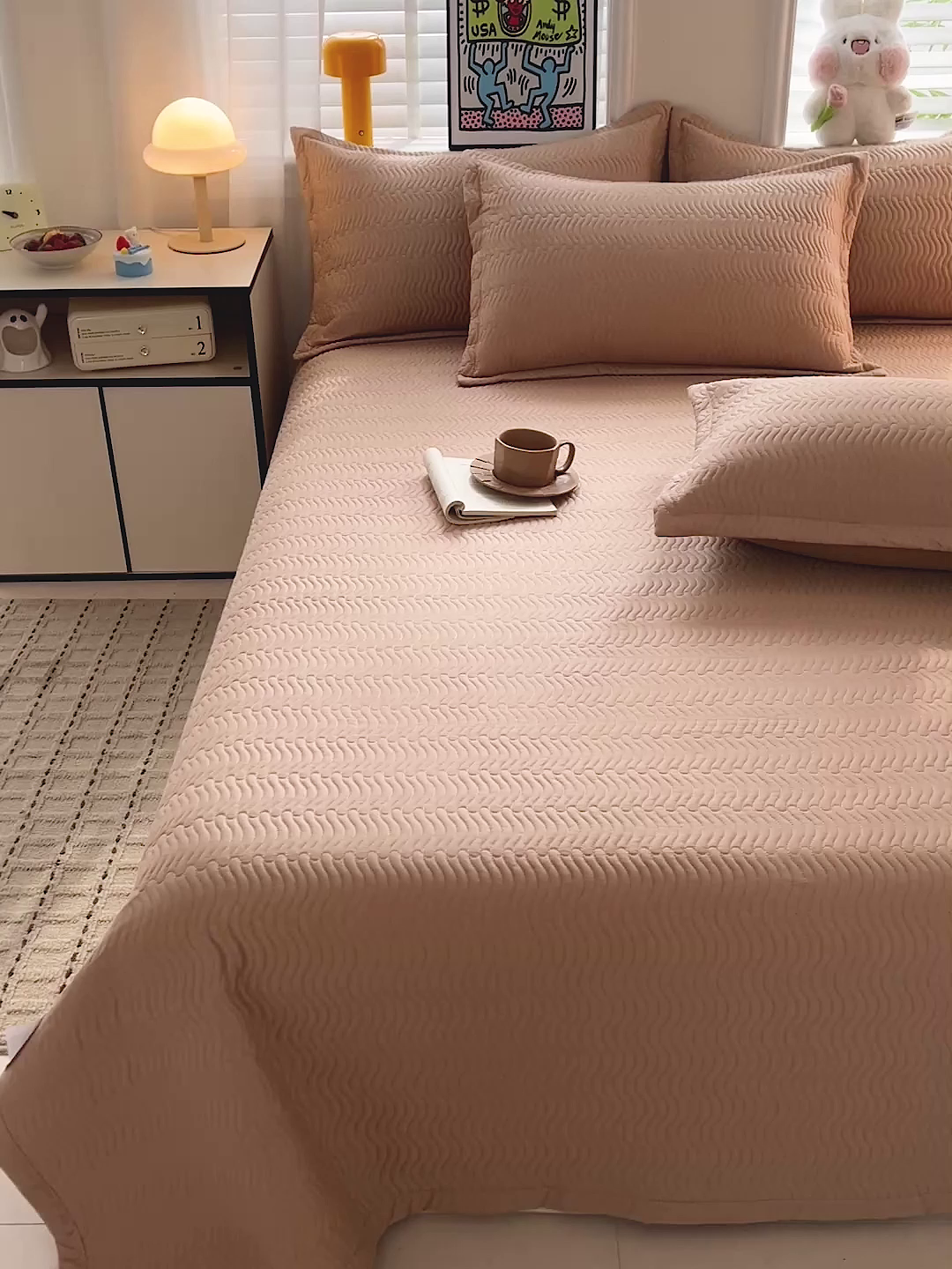 91家纺网 家纺一手货源 找家纺 梦精灵家纺 2026新款纯色全棉床盖单件纯棉绗缝夹棉床单 四季通用榻榻米防滑学生宿舍单人床盖枕套 素境-咖