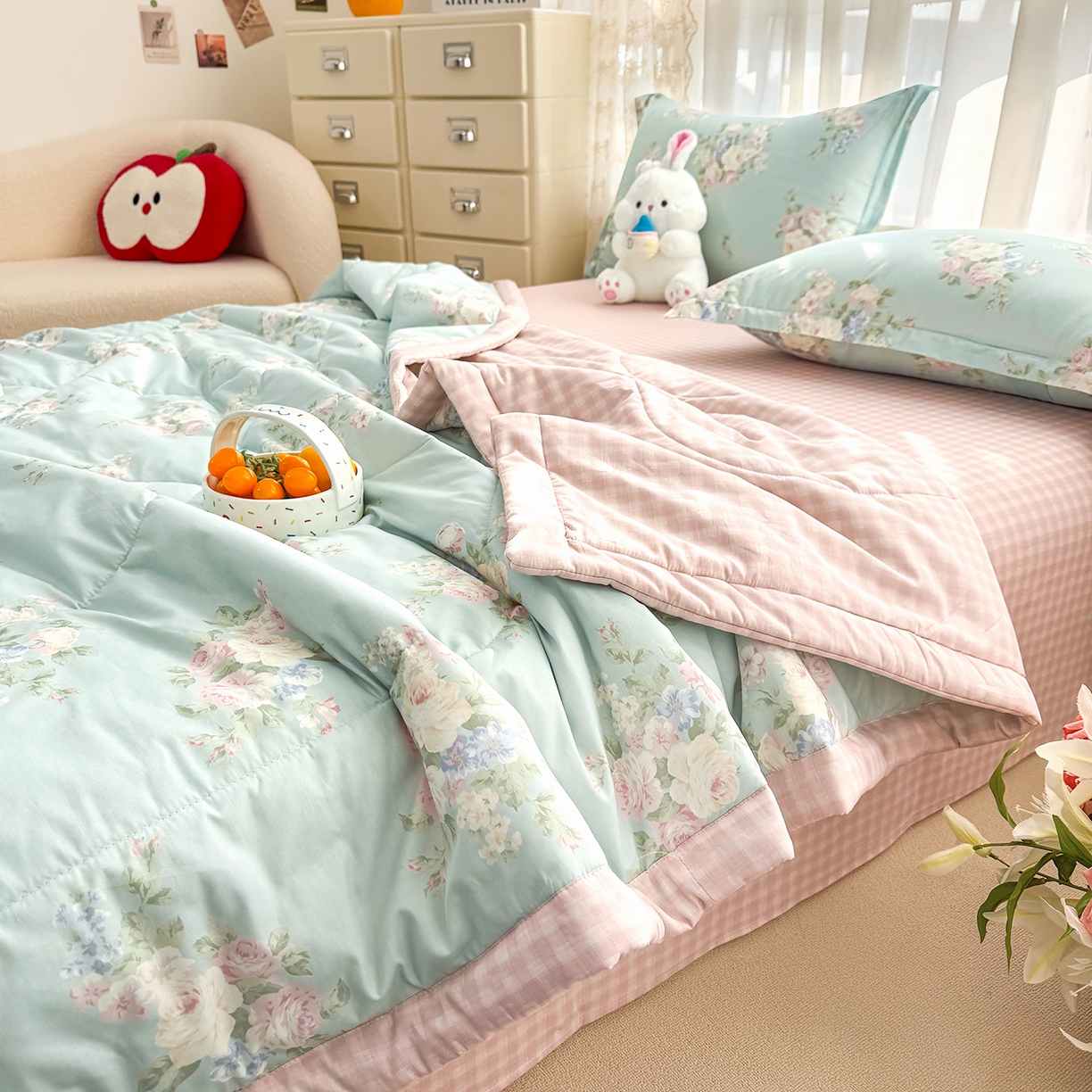 91家纺网 家纺一手货源 找家纺 瑶瑶家居 2026新款A类里外全棉夏凉被四件套-风格二 柔纱花影