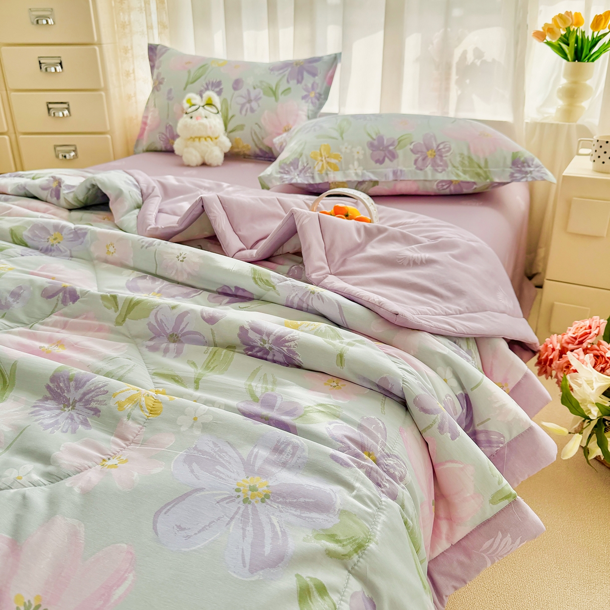 91家纺网 家纺一手货源 找家纺 瑶瑶家居 2026新款A类里外全棉夏凉被四件套-风格二 紫萝梦