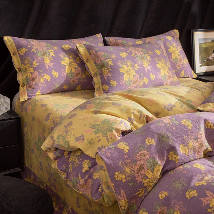 91家纺网 家纺一手货源 找家纺 库里梦家纺 2026春夏新款直播专供爆款色织复古双层纱四件套 花畔