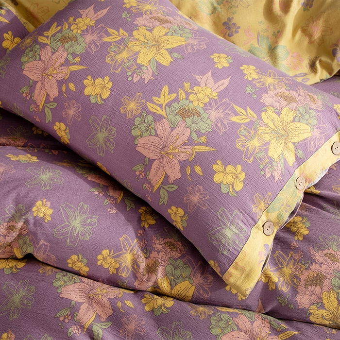 91家纺网 家纺一手货源 找家纺 库里梦家纺 2026春夏新款直播专供爆款色织复古双层纱四件套 花畔