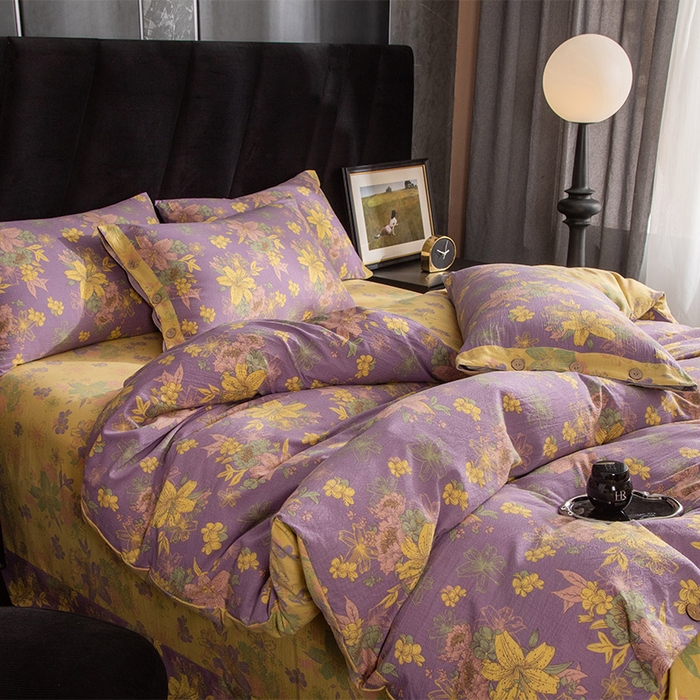 91家纺网 家纺一手货源 找家纺 库里梦家纺 2026春夏新款直播专供爆款色织复古双层纱四件套 花畔