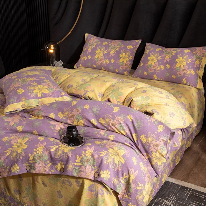 91家纺网 家纺一手货源 找家纺 库里梦家纺 2026春夏新款直播专供爆款色织复古双层纱四件套 花畔