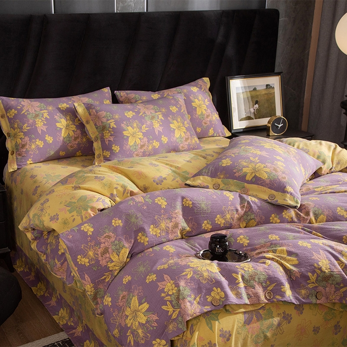 91家纺网 家纺一手货源 找家纺 库里梦家纺 2026春夏新款直播专供爆款色织复古双层纱四件套 花畔