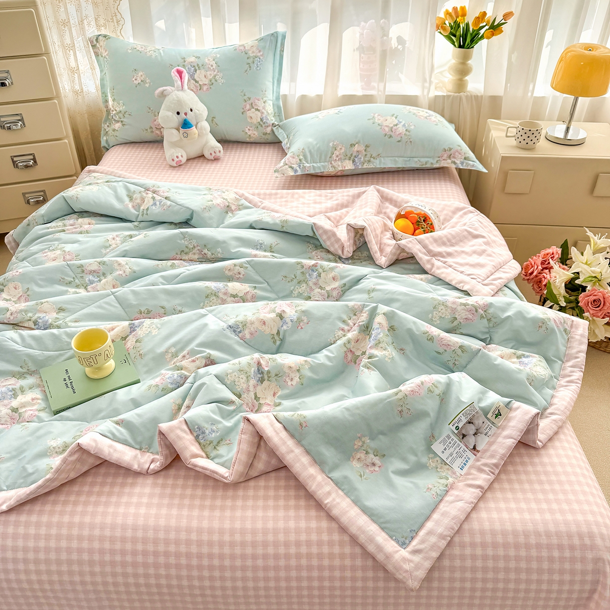 91家纺网 家纺一手货源 找家纺 瑶瑶家居 2026新款A类里外全棉夏凉被四件套-风格二 柔纱花影