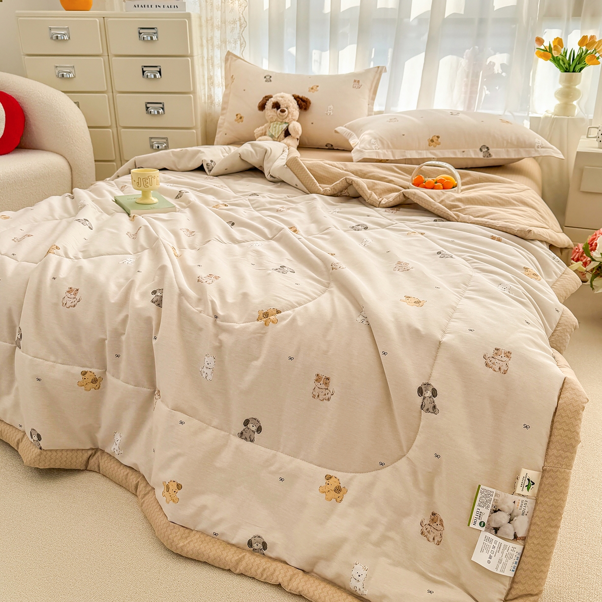 91家纺网 家纺一手货源 找家纺 瑶瑶家居 2026新款A类里外全棉夏凉被四件套-风格二 旺柴犬