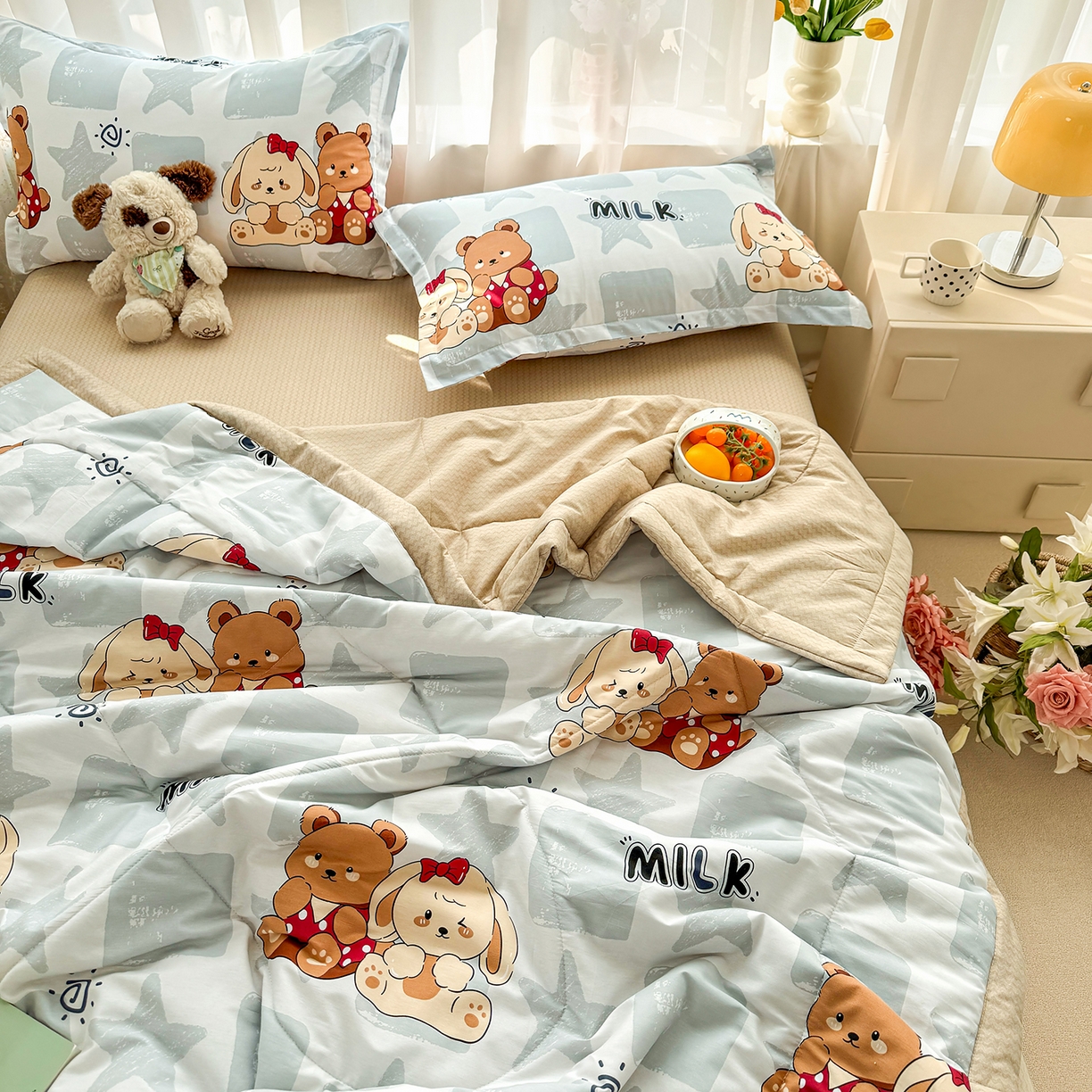 91家纺网 家纺一手货源 找家纺 瑶瑶家居 2026新款A类里外全棉夏凉被四件套-风格二 温暖熊