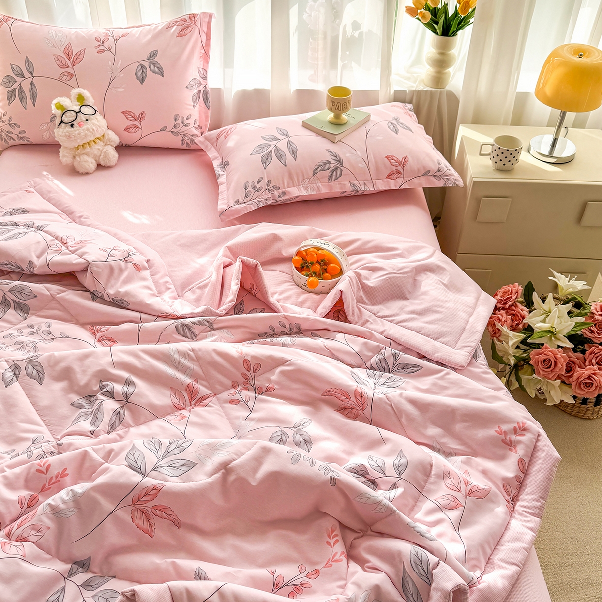 91家纺网 家纺一手货源 找家纺 瑶瑶家居 2026新款A类里外全棉夏凉被四件套-风格二 素色花蔓