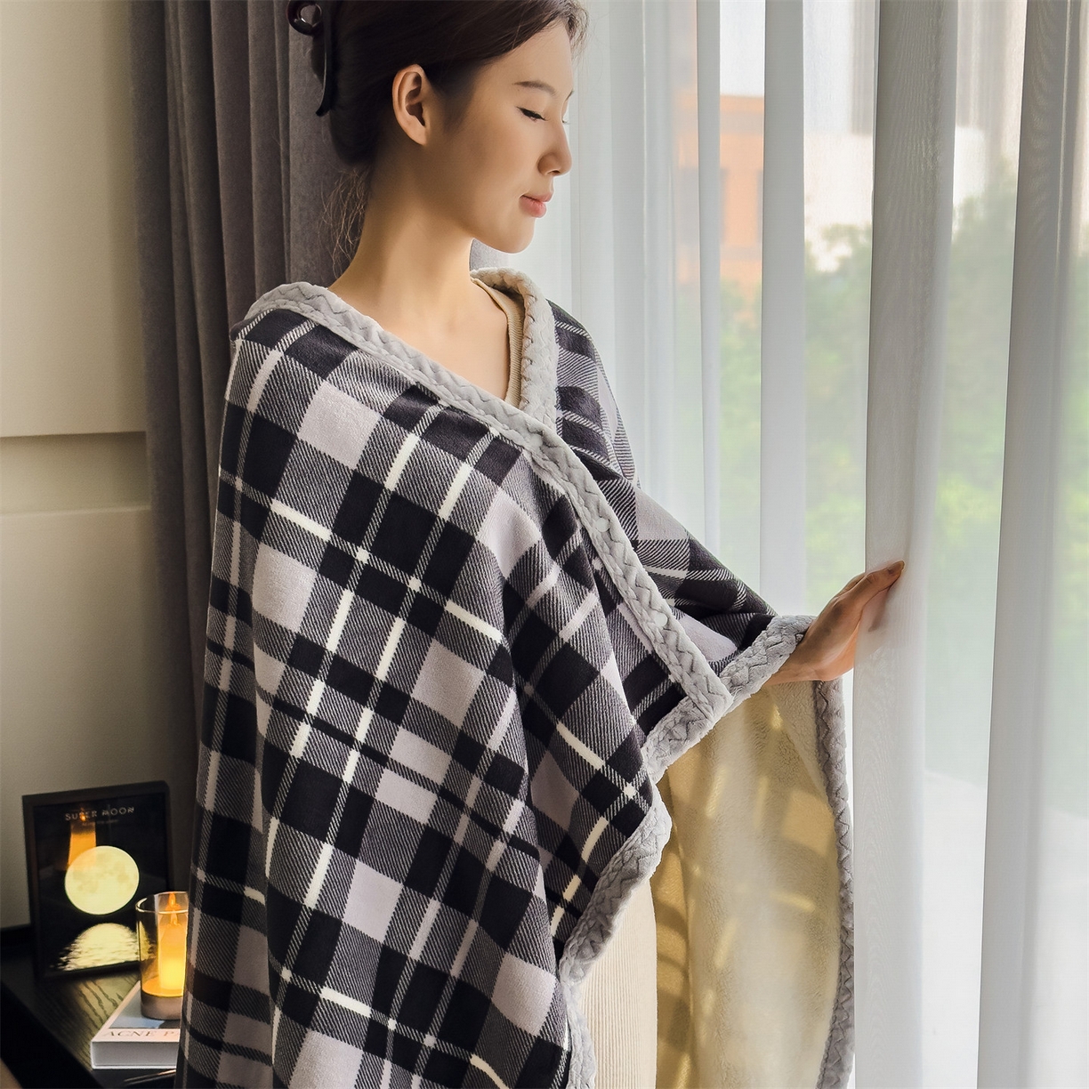91家纺网 家纺一手货源 找家纺 布凡家居 2026新款多功能中古无印风牛奶绒披肩毯毯子毛毯 黑白格纹