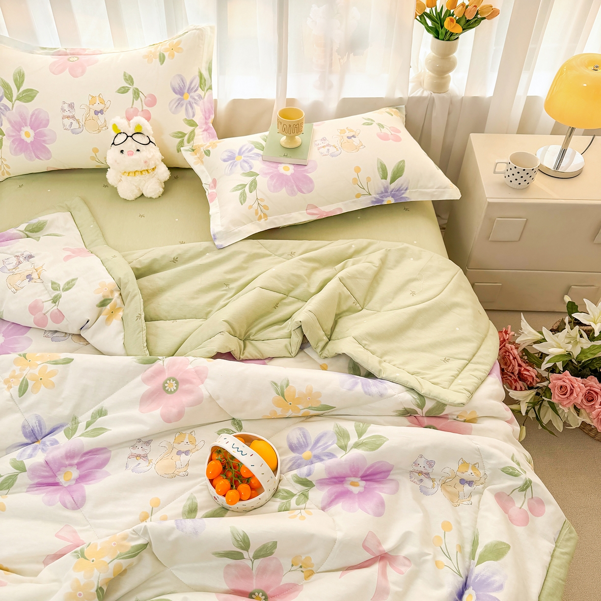 91家纺网 家纺一手货源 找家纺 瑶瑶家居 2026新款A类里外全棉夏凉被四件套-风格二 甜蜜萌宠