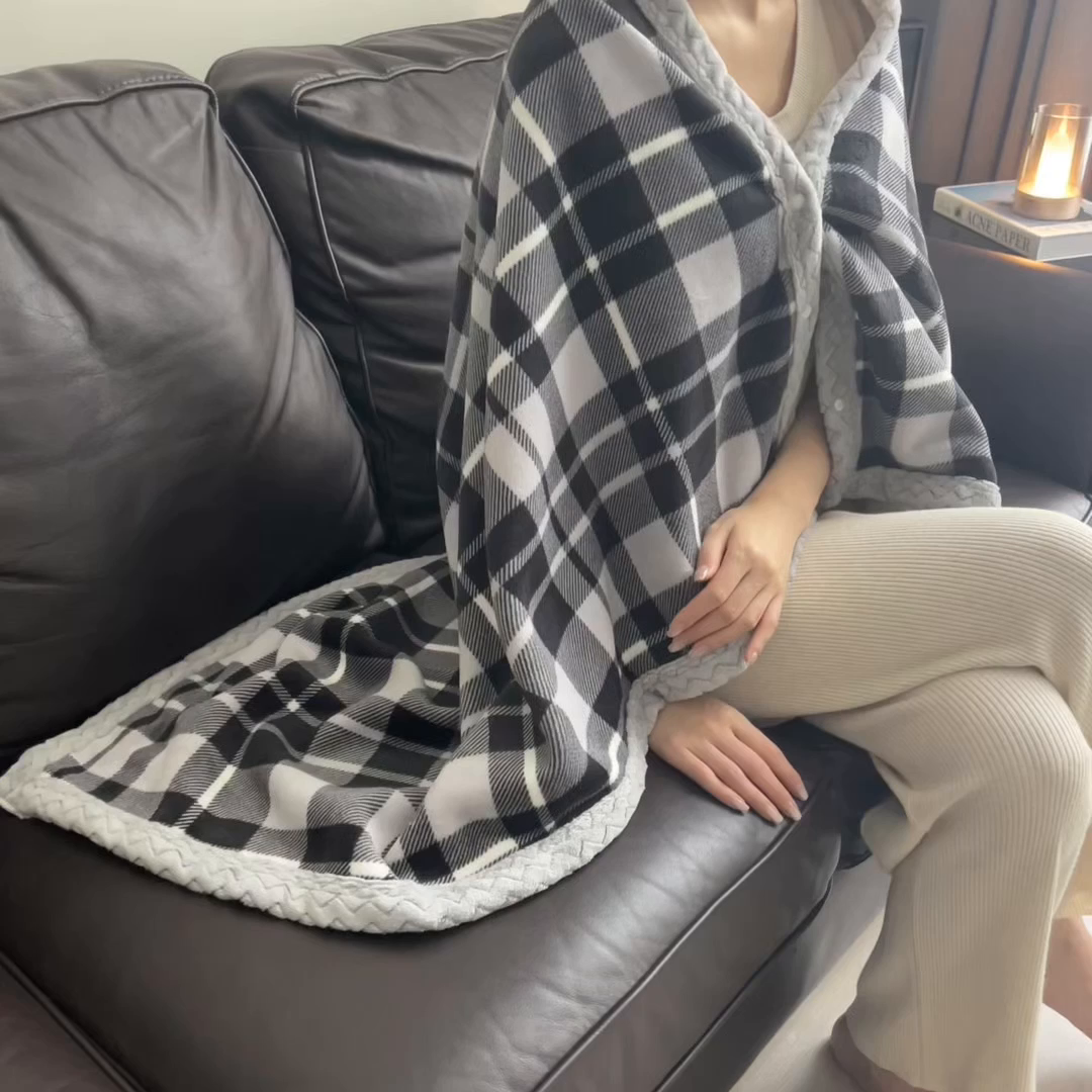 91家纺网 家纺一手货源 找家纺 布凡家居 2026新款多功能中古无印风牛奶绒披肩毯毯子毛毯 黑白格纹