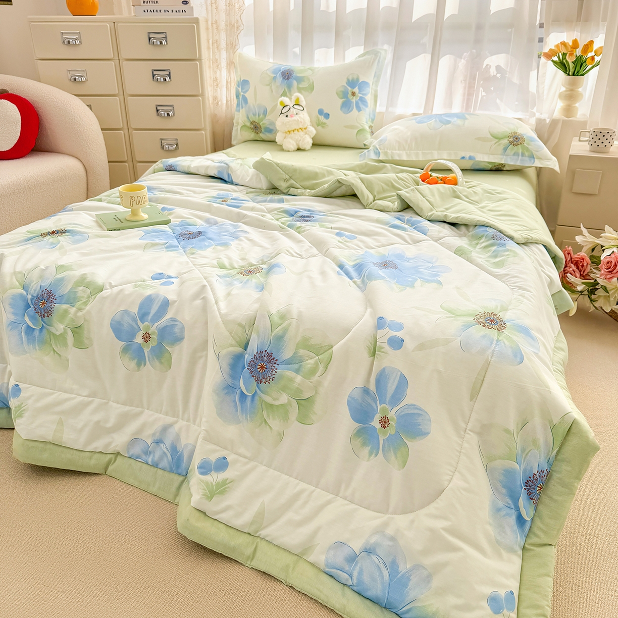 91家纺网 家纺一手货源 找家纺 瑶瑶家居 2026新款A类里外全棉夏凉被四件套-风格二 花期蓝