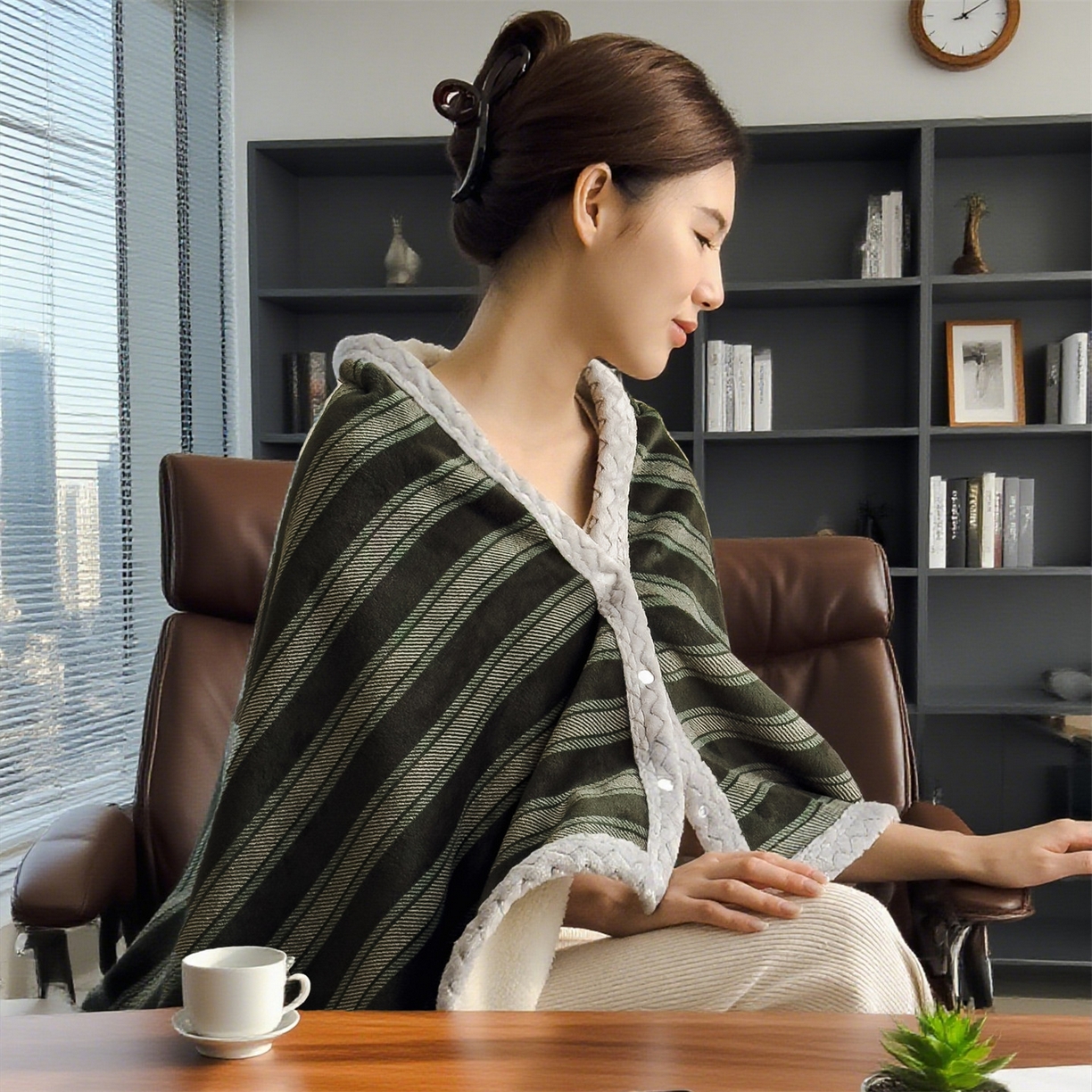 91家纺网 家纺一手货源 找家纺 布凡家居 2026新款多功能中古无印风牛奶绒披肩毯毯子毛毯 墨绿竖影