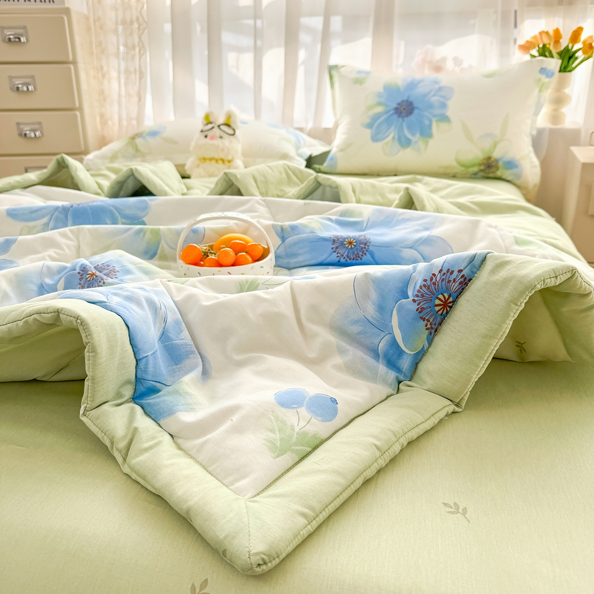 91家纺网 家纺一手货源 找家纺 瑶瑶家居 2026新款A类里外全棉夏凉被四件套-风格二 花期蓝