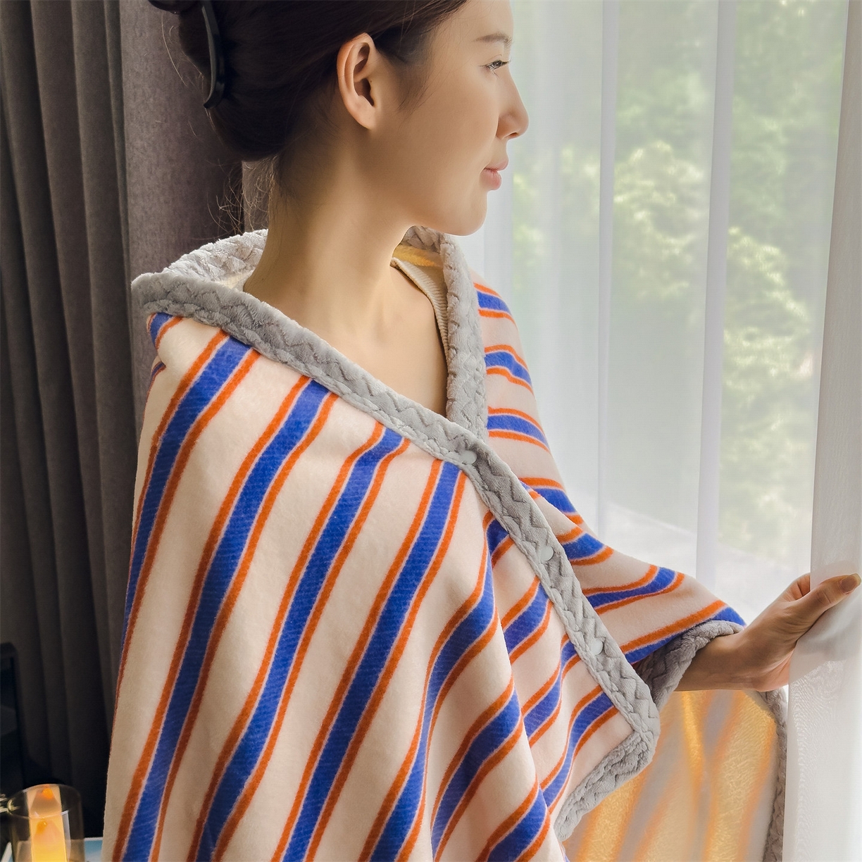 91家纺网 家纺一手货源 找家纺 布凡家居 2026新款多功能中古无印风牛奶绒披肩毯毯子毛毯 暖橙条纹