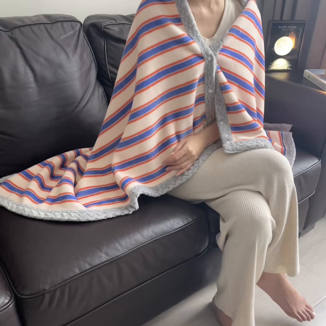 91家纺网 家纺一手货源 找家纺 布凡家居 2026新款多功能中古无印风牛奶绒披肩毯毯子毛毯 暖橙条纹