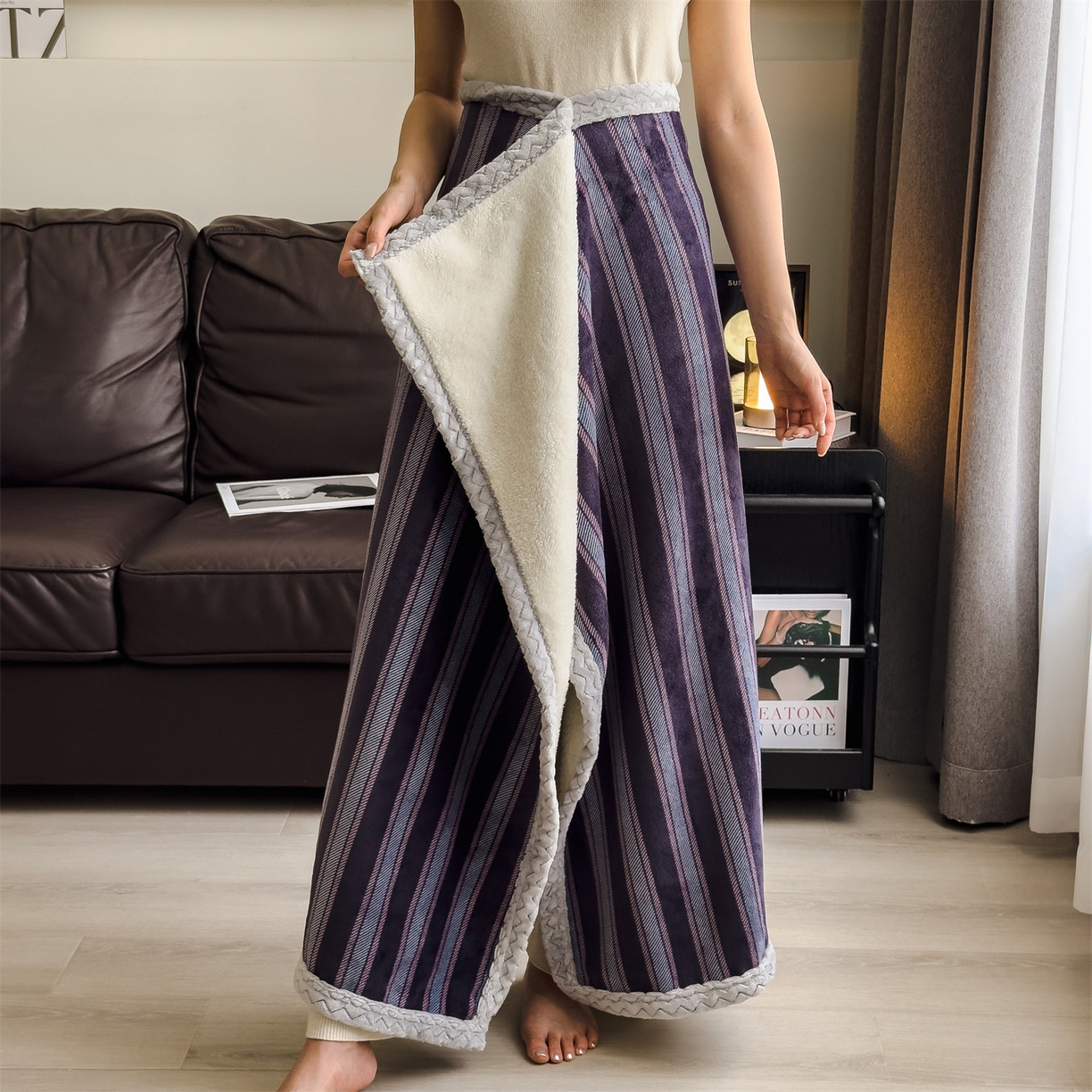 91家纺网 家纺一手货源 找家纺 布凡家居 2026新款多功能中古无印风牛奶绒披肩毯毯子毛毯 紫韵条纹