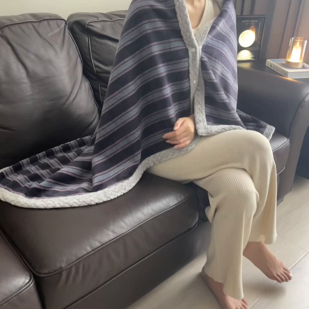 91家纺网 家纺一手货源 找家纺 布凡家居 2026新款多功能中古无印风牛奶绒披肩毯毯子毛毯 紫韵条纹