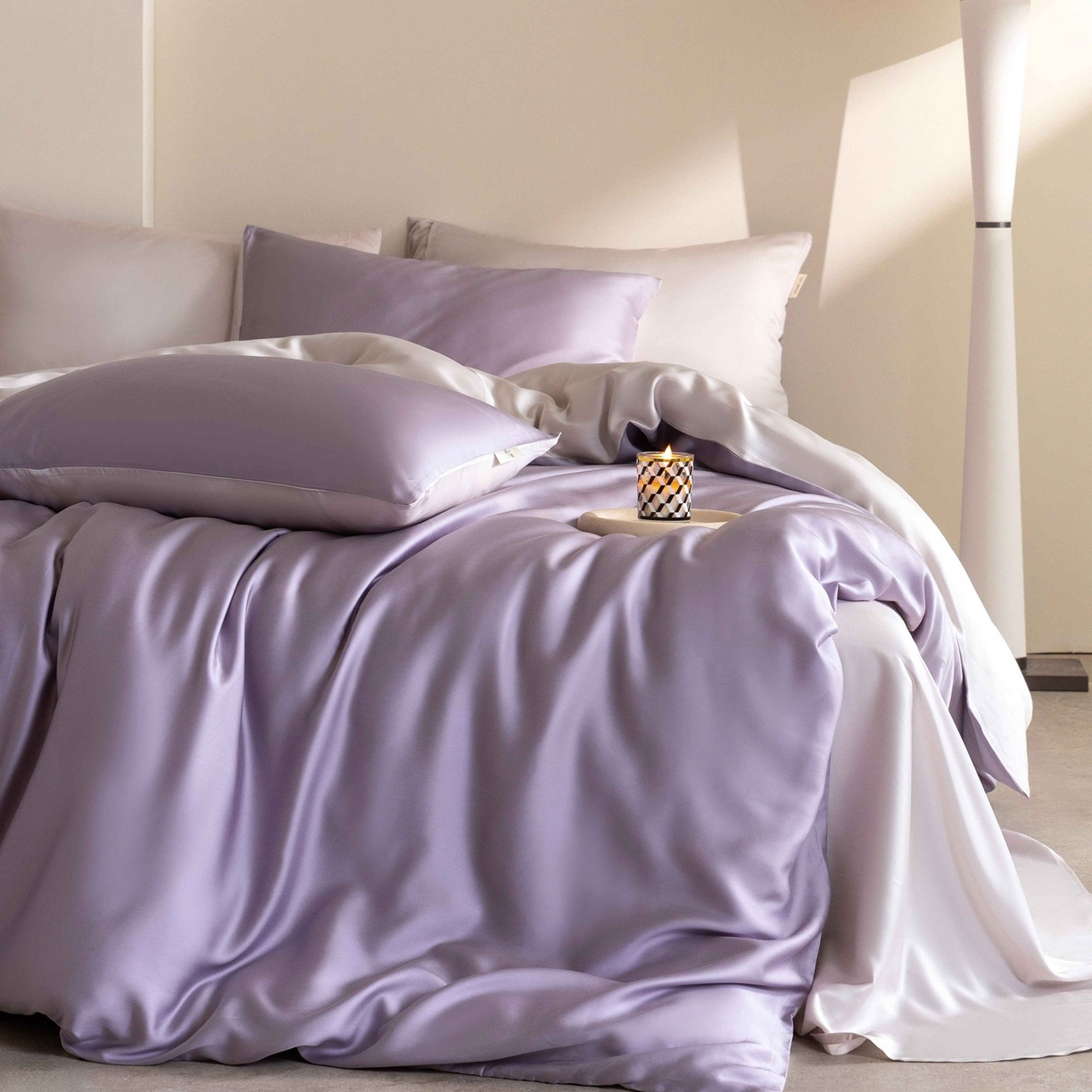 91家纺网 家纺一手货源 找家纺 佳汐蓝家纺 2026新款60s莱赛尔天丝四件套丝颜悦色系列 丁香紫