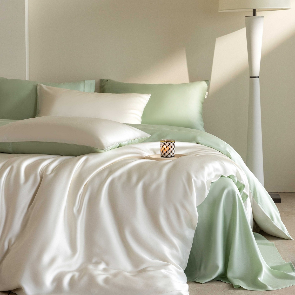 91家纺网 家纺一手货源 找家纺 佳汐蓝家纺 2026新款60s莱赛尔天丝四件套丝颜悦色系列 杏云绿