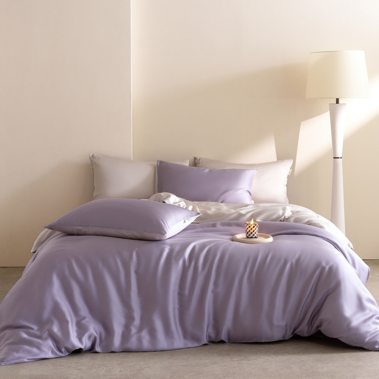 91家纺网 家纺一手货源 找家纺 佳汐蓝家纺 2026新款60s莱赛尔天丝四件套丝颜悦色系列 丁香紫