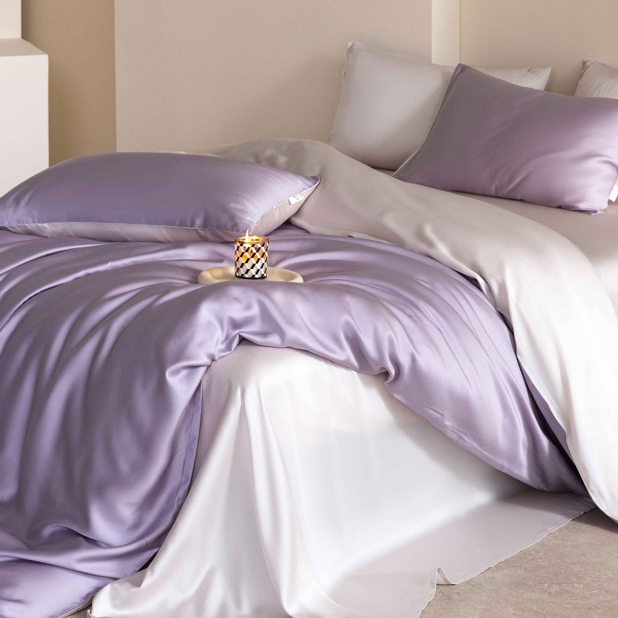 91家纺网 家纺一手货源 找家纺 佳汐蓝家纺 2026新款60s莱赛尔天丝四件套丝颜悦色系列 丁香紫