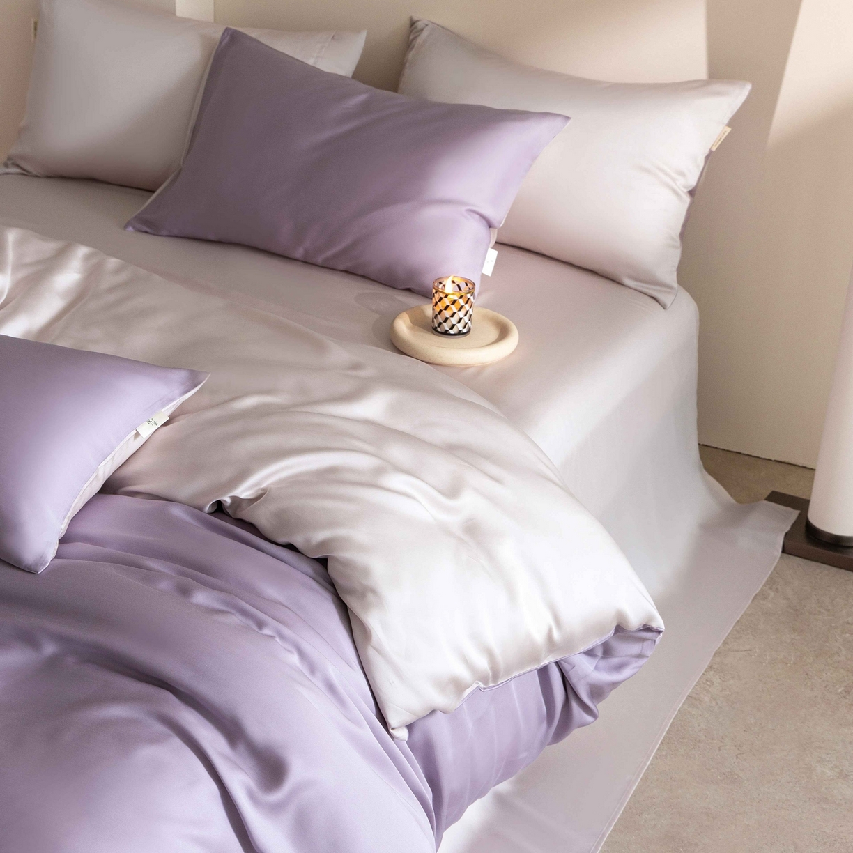 91家纺网 家纺一手货源 找家纺 佳汐蓝家纺 2026新款60s莱赛尔天丝四件套丝颜悦色系列 丁香紫