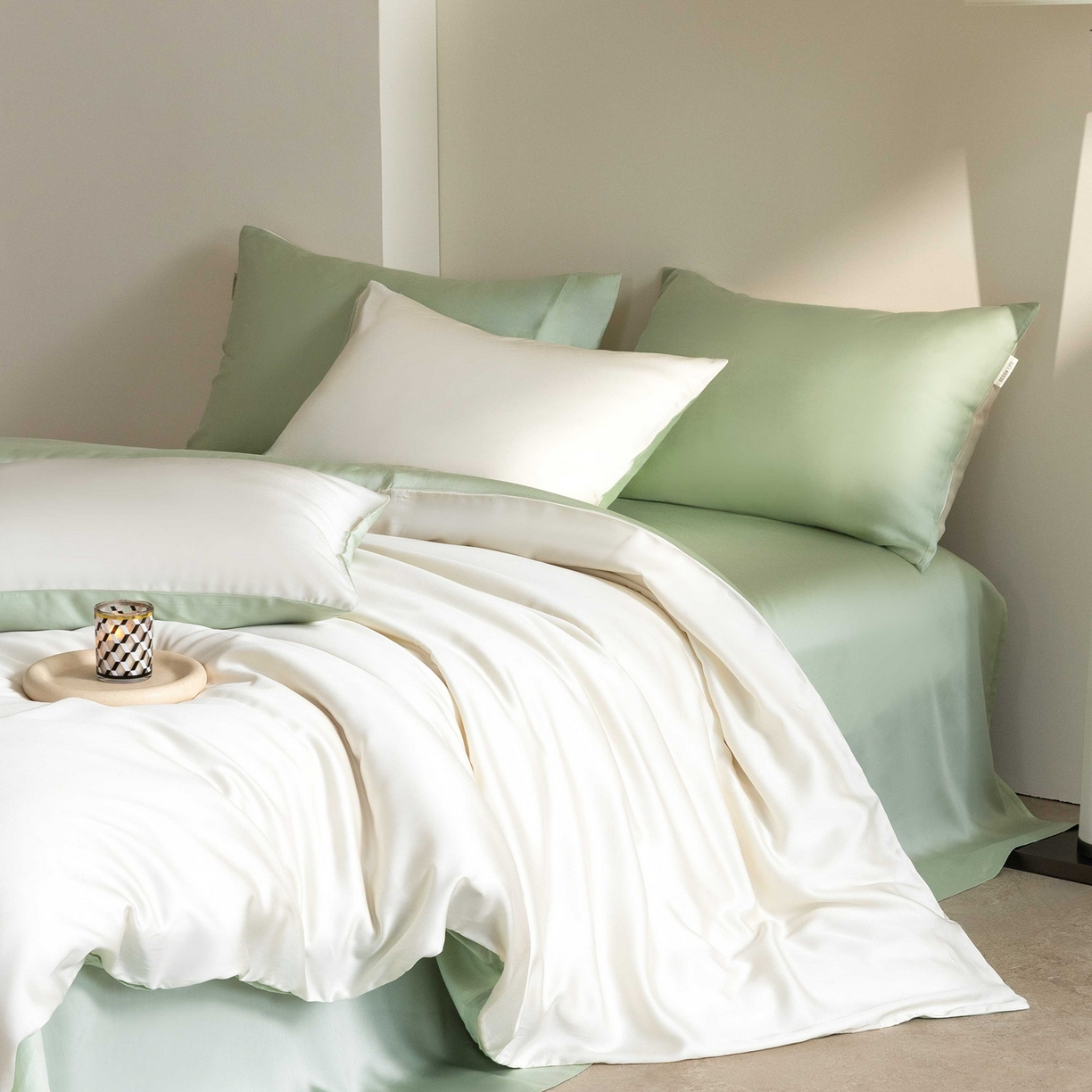 91家纺网 家纺一手货源 找家纺 佳汐蓝家纺 2026新款60s莱赛尔天丝四件套丝颜悦色系列 杏云绿