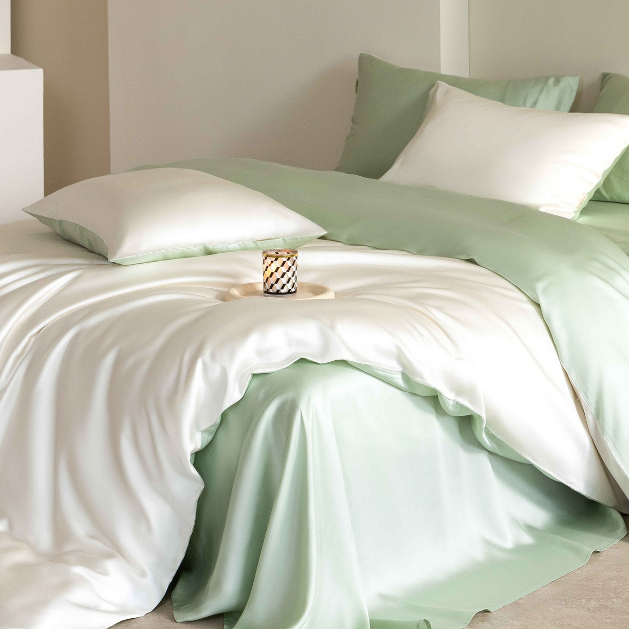 91家纺网 家纺一手货源 找家纺 佳汐蓝家纺 2026新款60s莱赛尔天丝四件套丝颜悦色系列 杏云绿