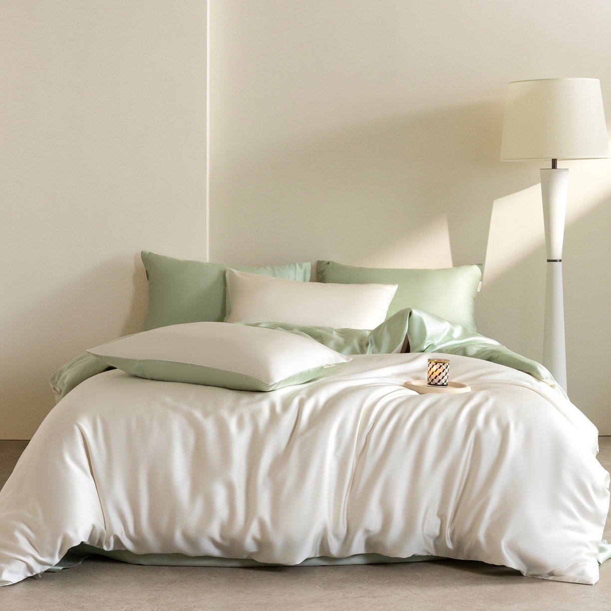 91家纺网 家纺一手货源 找家纺 佳汐蓝家纺 2026新款60s莱赛尔天丝四件套丝颜悦色系列 杏云绿