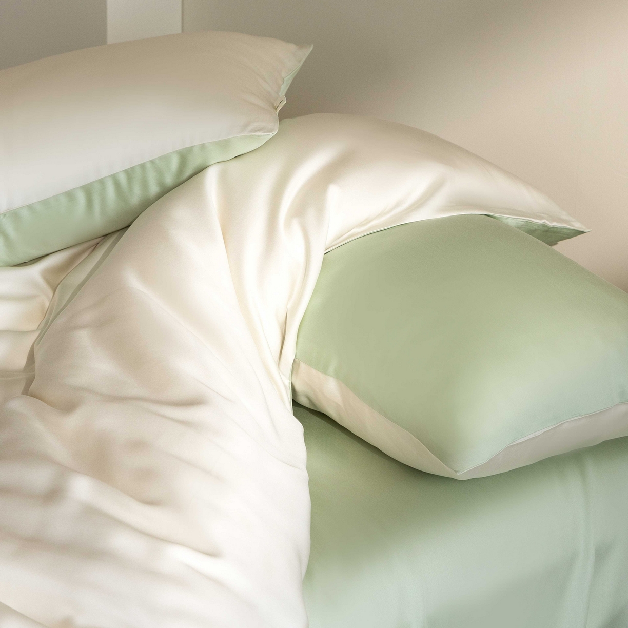 91家纺网 家纺一手货源 找家纺 佳汐蓝家纺 2026新款60s莱赛尔天丝四件套丝颜悦色系列 杏云绿