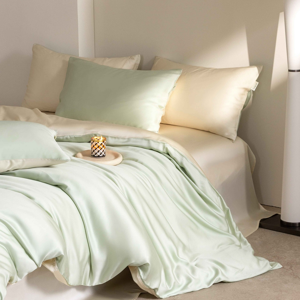 91家纺网 家纺一手货源 找家纺 佳汐蓝家纺 2026新款60s莱赛尔天丝四件套丝颜悦色系列 云水绿