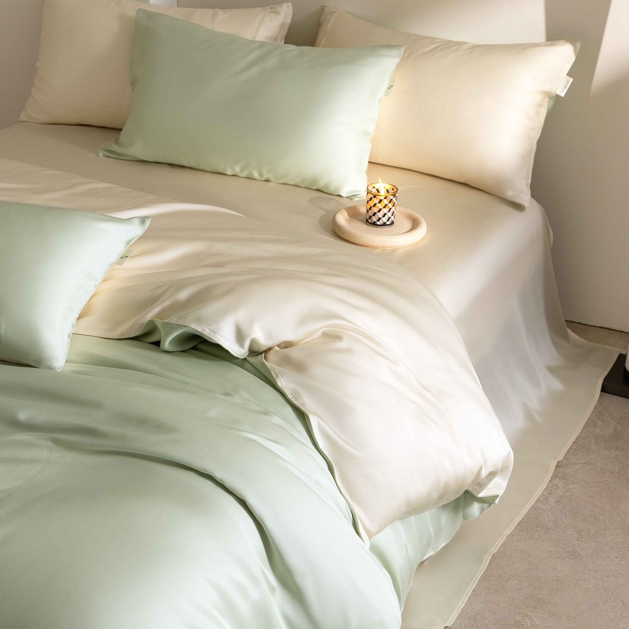 91家纺网 家纺一手货源 找家纺 佳汐蓝家纺 2026新款60s莱赛尔天丝四件套丝颜悦色系列 云水绿