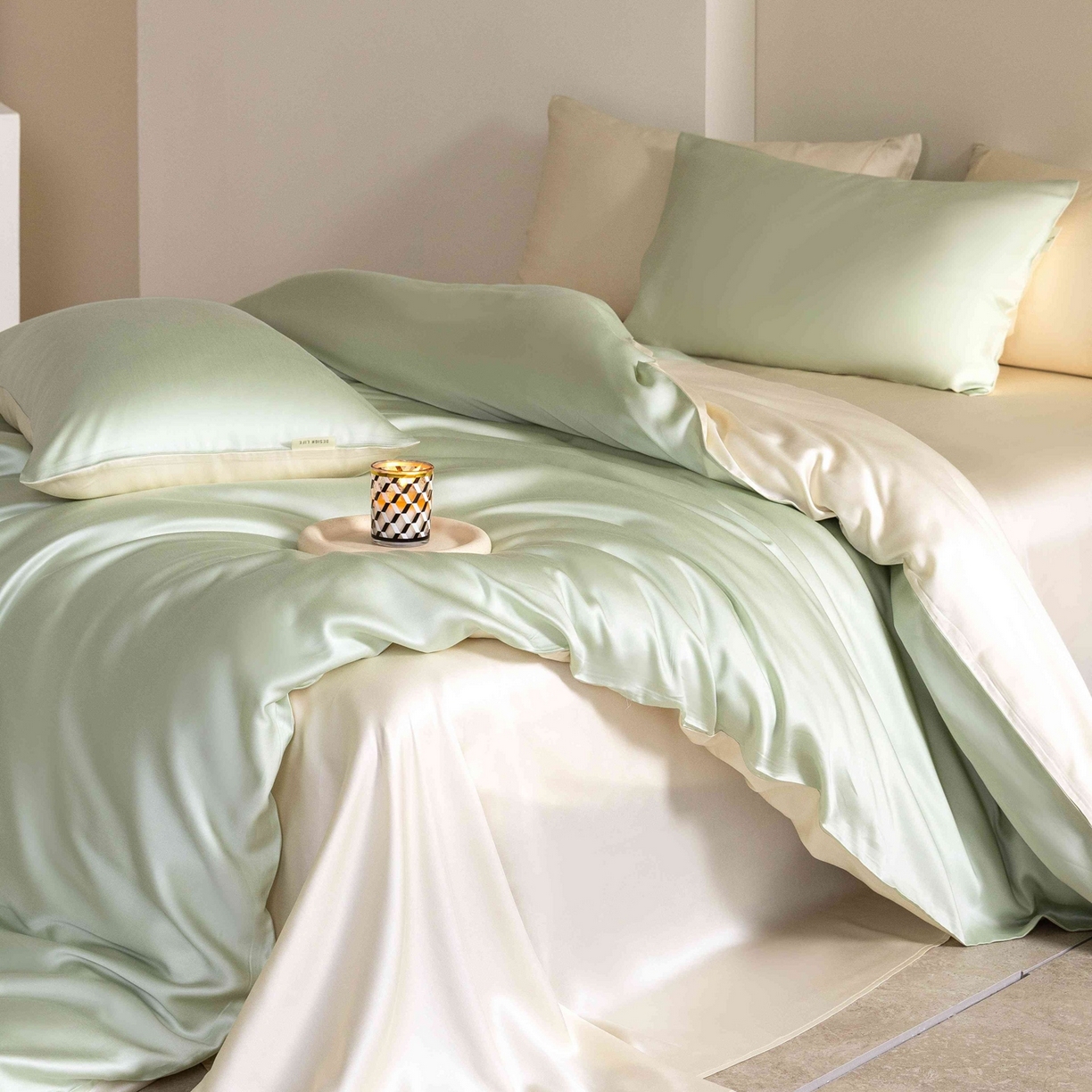 91家纺网 家纺一手货源 找家纺 佳汐蓝家纺 2026新款60s莱赛尔天丝四件套丝颜悦色系列 云水绿