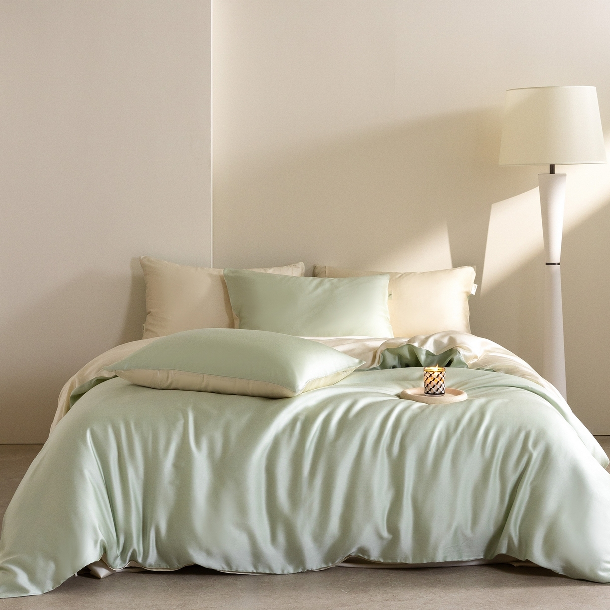 91家纺网 家纺一手货源 找家纺 佳汐蓝家纺 2026新款60s莱赛尔天丝四件套丝颜悦色系列 云水绿