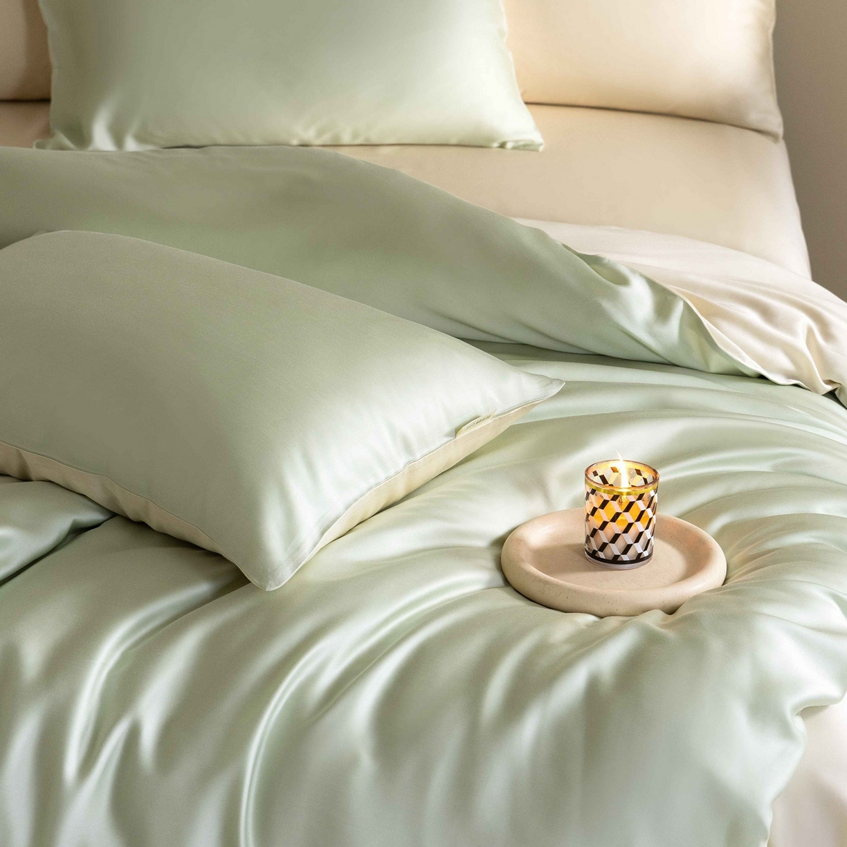 91家纺网 家纺一手货源 找家纺 佳汐蓝家纺 2026新款60s莱赛尔天丝四件套丝颜悦色系列 云水绿