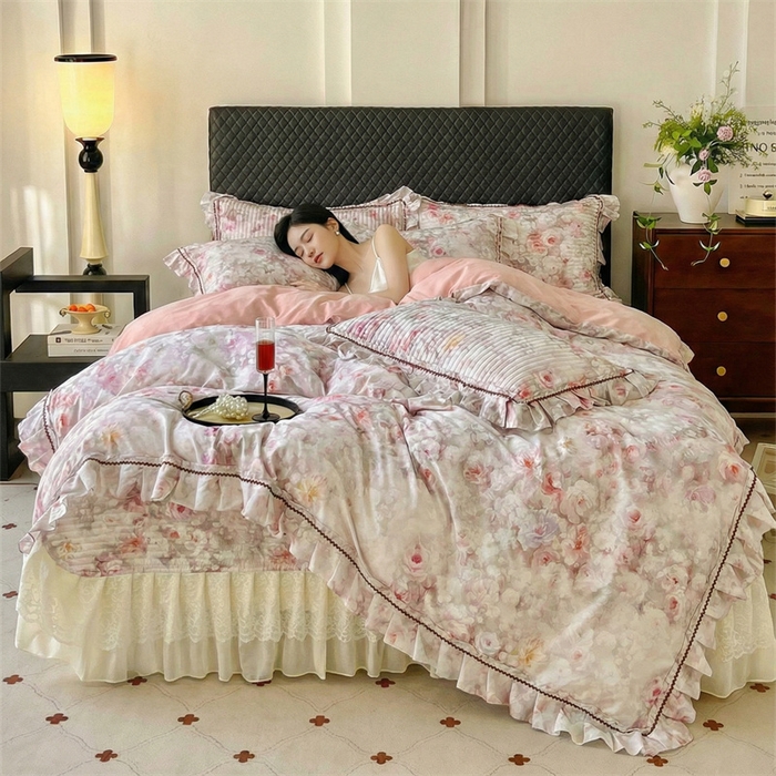 91家纺网 家纺一手货源 找家纺 （总）胜权家纺 2026新款A类全棉法式13372数码印花夹棉床盖四件套系列