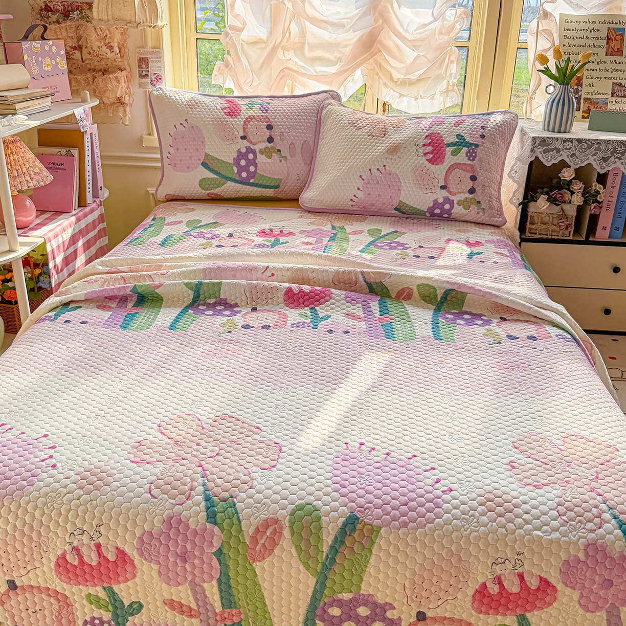 91家纺网 家纺一手货源 找家纺 丫丫家纺 2026新款金豆豆床盖A类针织棉印花大版卡通床盖三四件套 花仙子