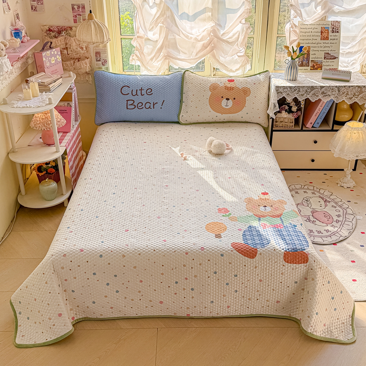 丫丫家纺 2026新款金豆豆床盖A类针织棉印花大版卡通床盖三四件套 可爱小熊