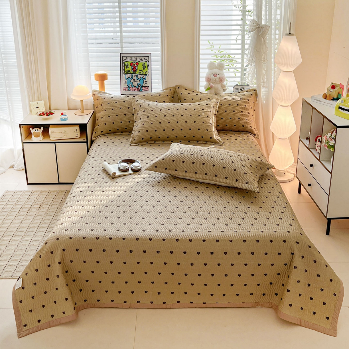 91家纺网 家纺一手货源 找家纺 梦精灵家纺 2026新款纯棉床盖单件全棉绗缝夹棉床单 四季通用榻榻米防滑学生宿舍单人被套枕套 爱心驼