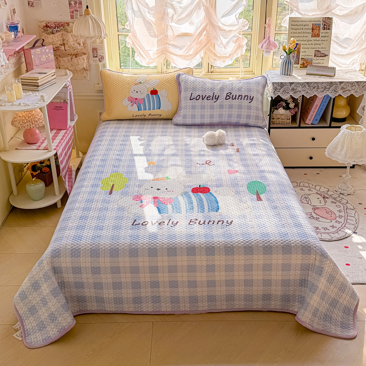 丫丫家纺 2026新款金豆豆床盖A类针织棉印花大版卡通床盖三四件套 兔乖乖