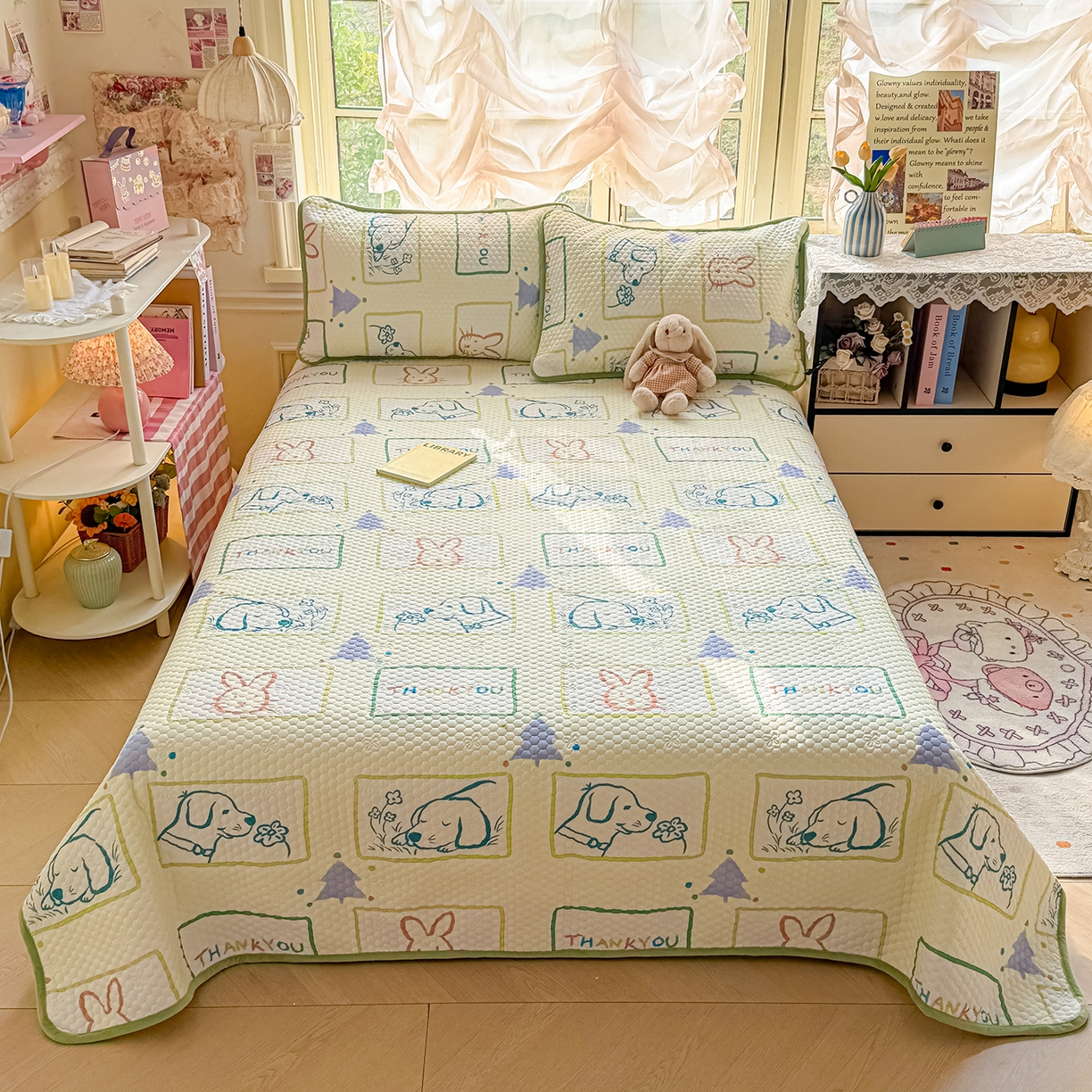 丫丫家纺 2026新款金豆豆床盖A类针织棉印花大版卡通床盖三四件套 兔兔和狗