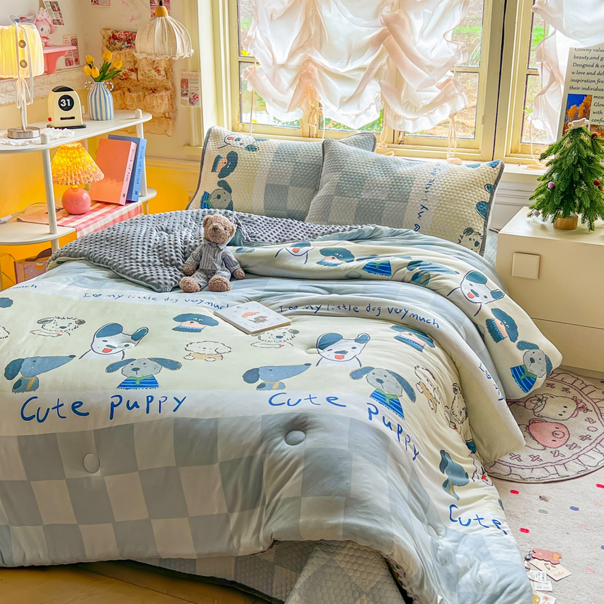 91家纺网 家纺一手货源 找家纺 丫丫家纺 2026新款金豆豆床盖A类针织棉印花大版卡通床盖三四件套 旺旺人生