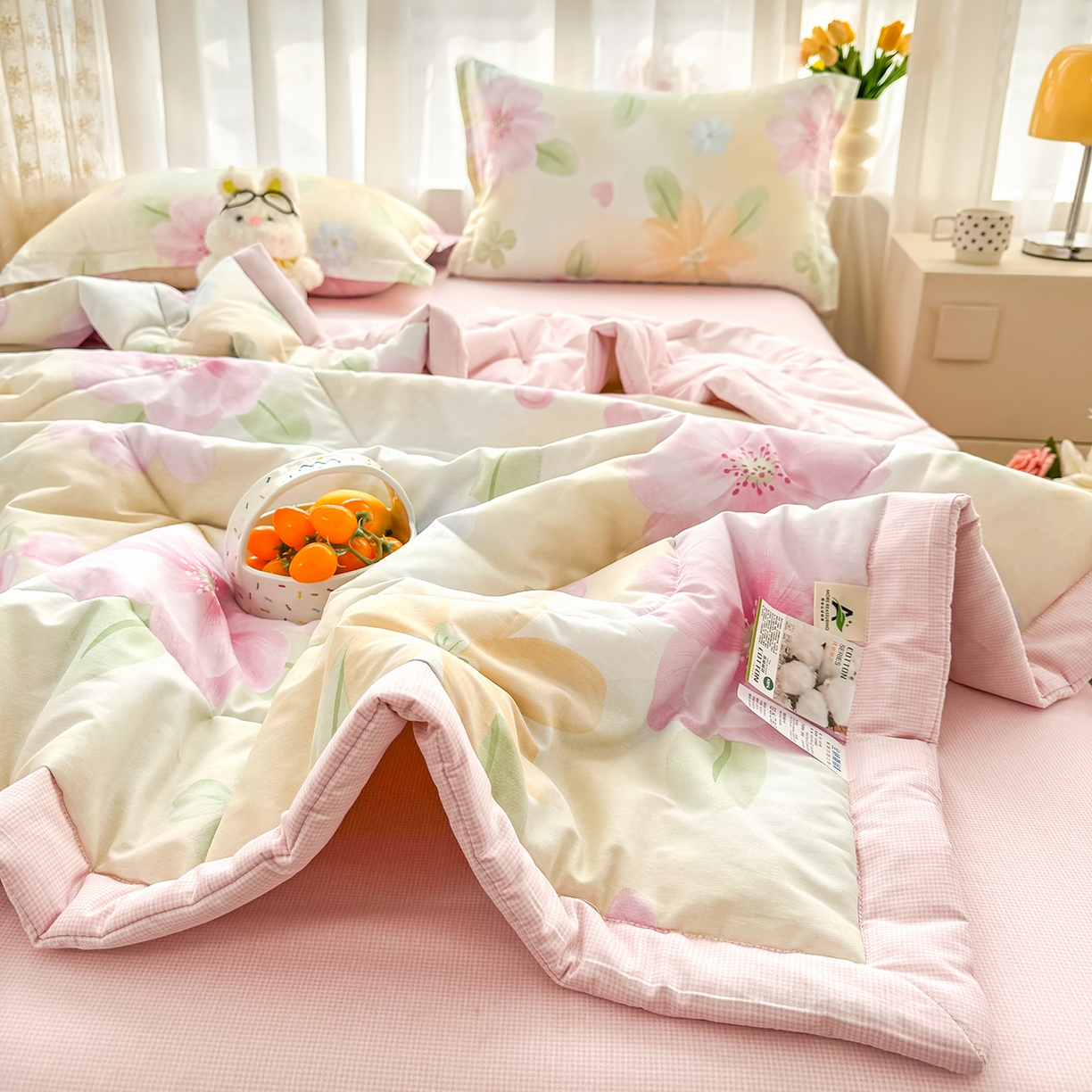 91家纺网 家纺一手货源 找家纺 瑶瑶家居 2026新款A类里外全棉夏凉被四件套-风格三 花开半夏