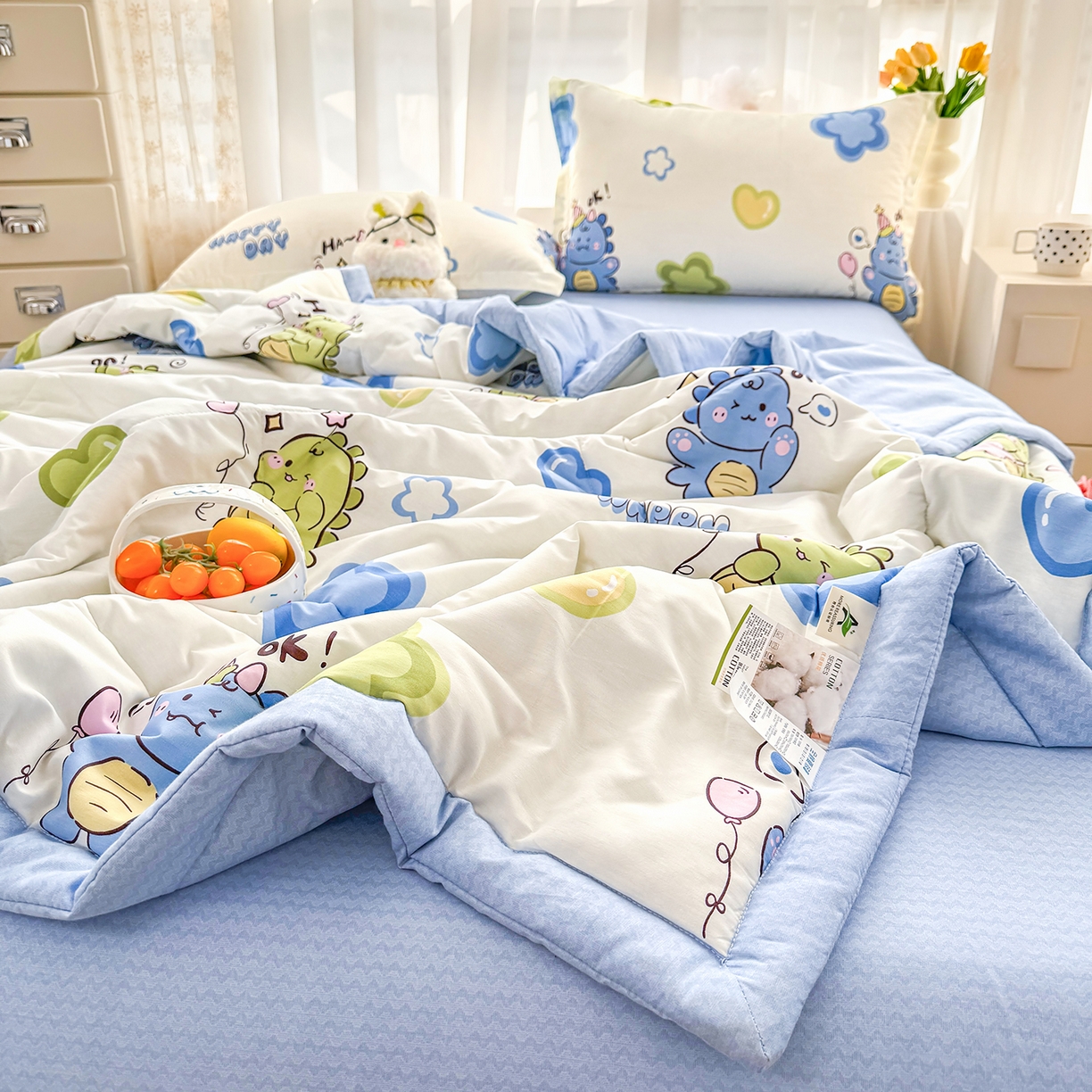 91家纺网 家纺一手货源 找家纺 瑶瑶家居 2026新款A类里外全棉夏凉被四件套-风格三 小恐龙