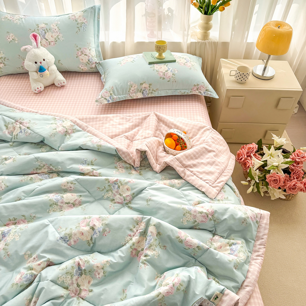 91家纺网 家纺一手货源 找家纺 瑶瑶家居 2026新款A类里外全棉夏凉被四件套-风格三 柔纱花影