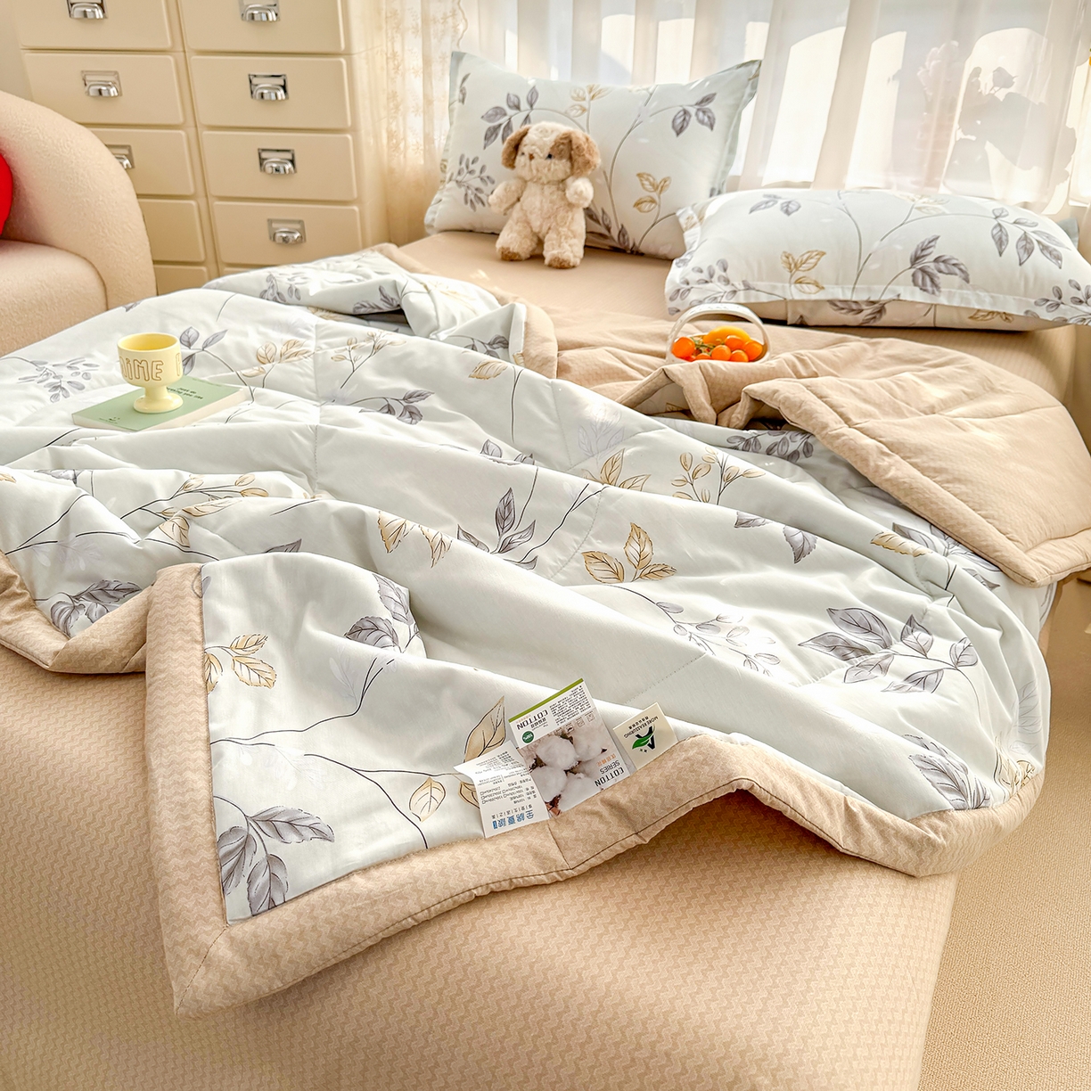 91家纺网 家纺一手货源 找家纺 瑶瑶家居 2026新款A类里外全棉夏凉被四件套-风格三 秋叶