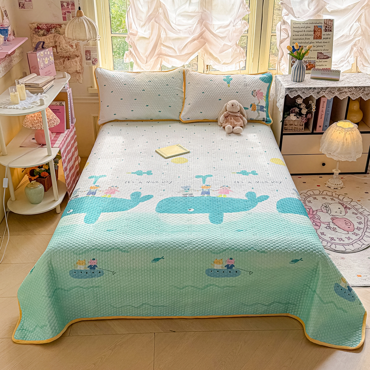 丫丫家纺 2026新款金豆豆床盖A类针织棉印花大版卡通床盖三四件套 小虎鲸